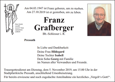 Traueranzeige Franz Grafberger, Pressath