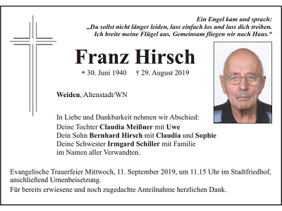 Traueranzeige Franz Hirsch, Weiden