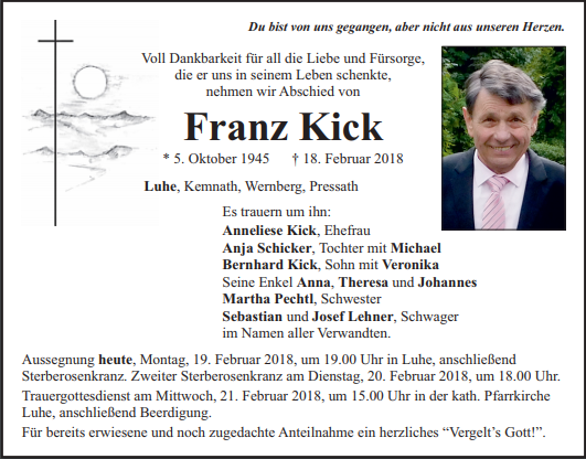 Traueranzeige Franz Kick, Luhe-Wildenau