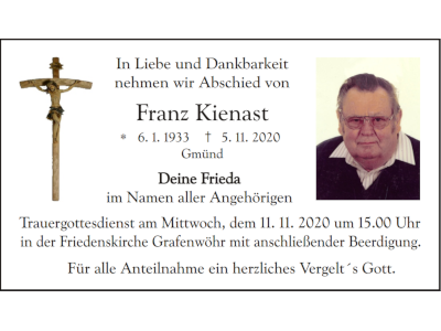 Traueranzeige Franz Kienast, Gmünd