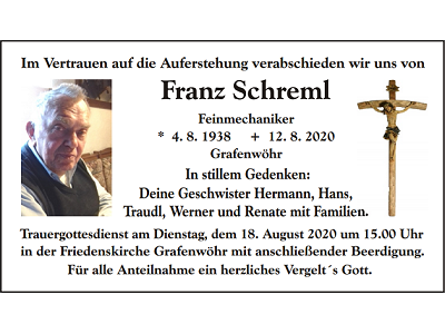 Traueranzeige Franz Schreml, Grafenwöhr