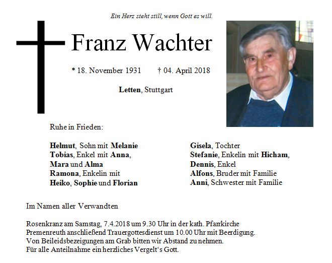 Traueranzeige Franz Wachter, Letten
