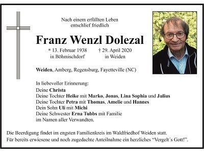 Traueranzeige Franz Wenzl Dolezal, Weiden