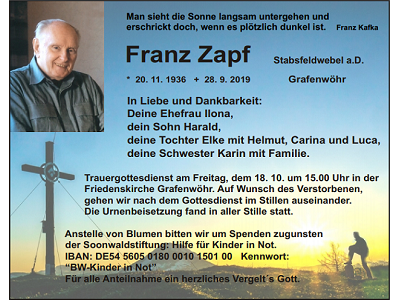 Traueranzeige Franz Zapf, Grafenwöhr