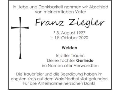 Traueranzeige Franz Ziegler, Weiden