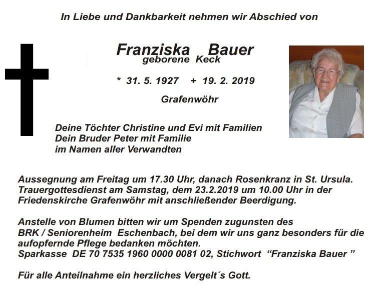 Traueranzeige Franziska Bauer, Grafenwöhr