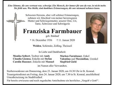 Traueranzeige Franziska Farmbauer, Weiden