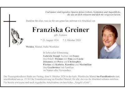 Traueranzeige Franziska Greiner, Weiden