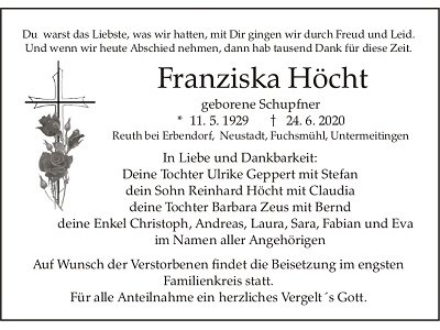 Traueranzeige Franziska Höcht, Reuth bei Erbendorf
