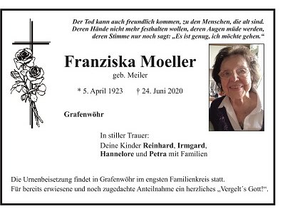 Traueranzeige Franziska Moeller, Grafenwöhr