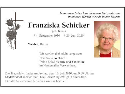 Traueranzeige Franziska Schicker, Weiden