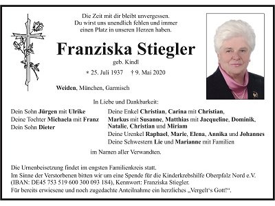 Traueranzeige Franziska Stiegler, Weiden