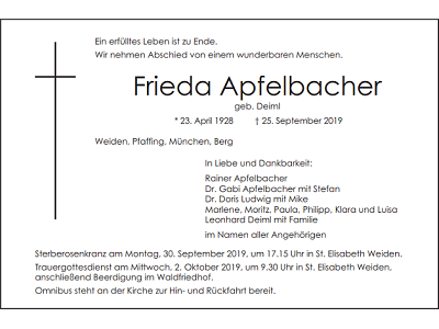 Traueranzeige Frieda Apfelbacher, Weiden