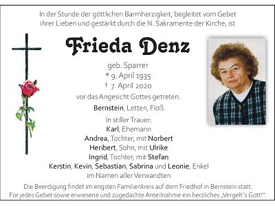 Traueranzeige Frieda Denz, Bernstein