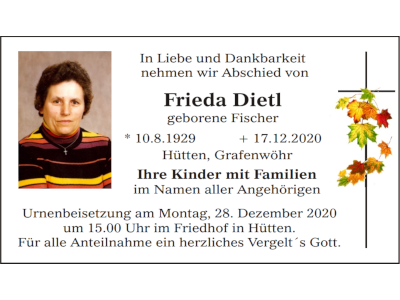 Traueranzeige Frieda Dietl, Hütten