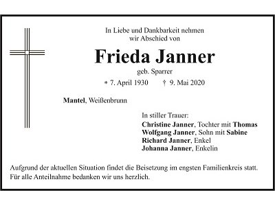 Traueranzeige Frieda Janner, Mantel