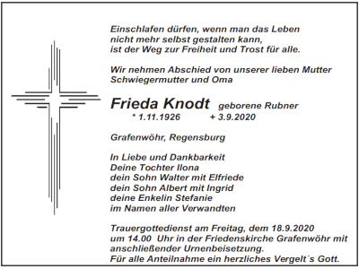 Traueranzeige Frieda Knodt, Grafenwöhr