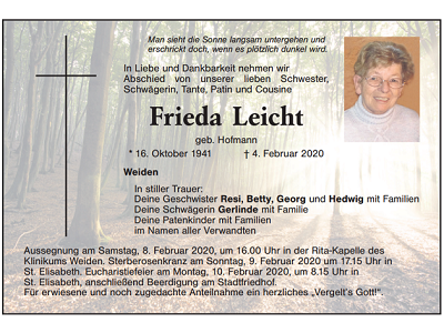 Traueranzeige Frieda Leicht, Weiden