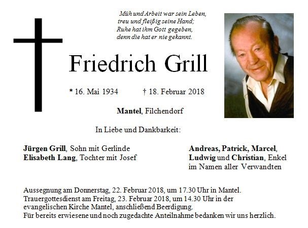 Traueranzeige Friedrich Grill, Mantel