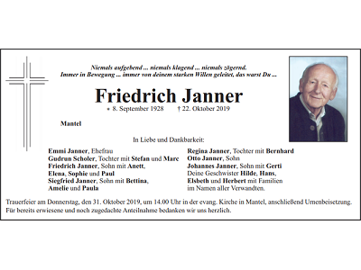 Traueranzeige Friedrich Janner, Mantel