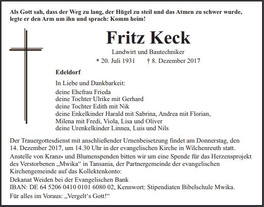 Traueranzeige Fritz Keck, Edeldorf