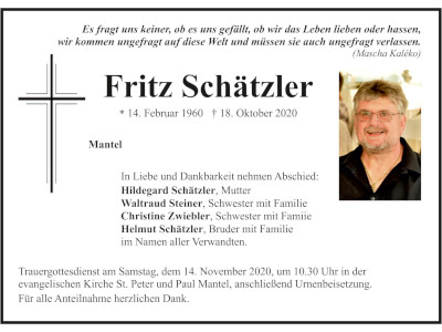 Traueranzeige Fritz Schätzler, Mantel