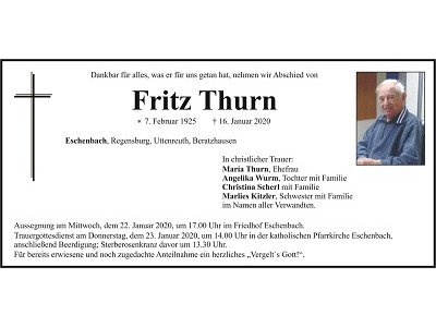 Traueranzeige Fritz Thurn, Eschenbach
