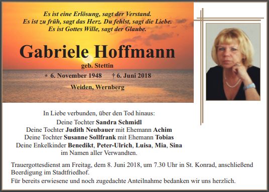 Traueranzeige Gabriele Hoffmann, Weiden