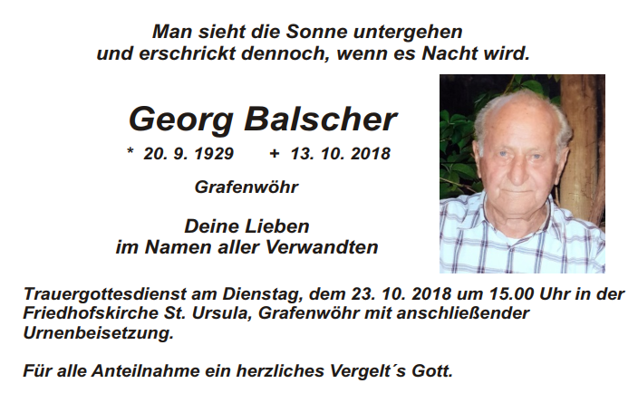 Traueranzeige Georg Balscher, Grafenwöhr