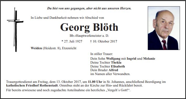Traueranzeige Georg Blöth, Weiden