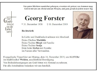 Traueranzeige Georg Forster, Bechtsrieth