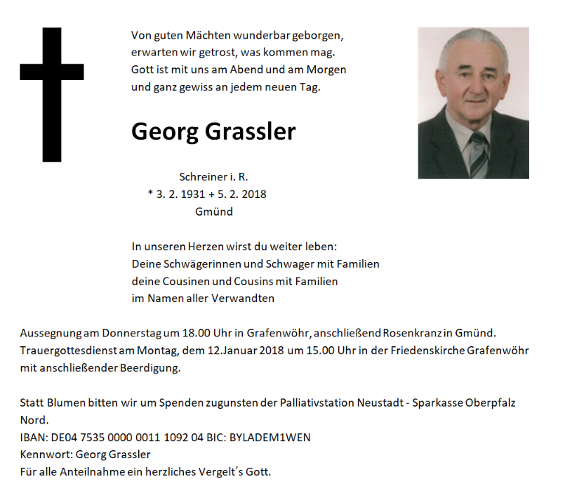 Traueranzeige Georg Grassler, Gmünd
