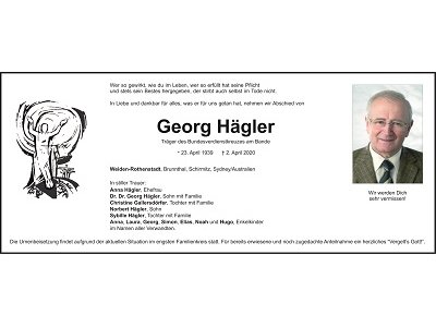 Traueranzeige Georg Hägler, Weiden