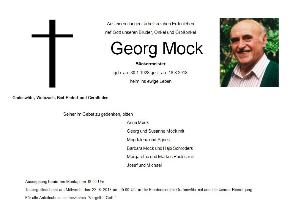 Traueranzeige Georg Mock, Grafenwöhr