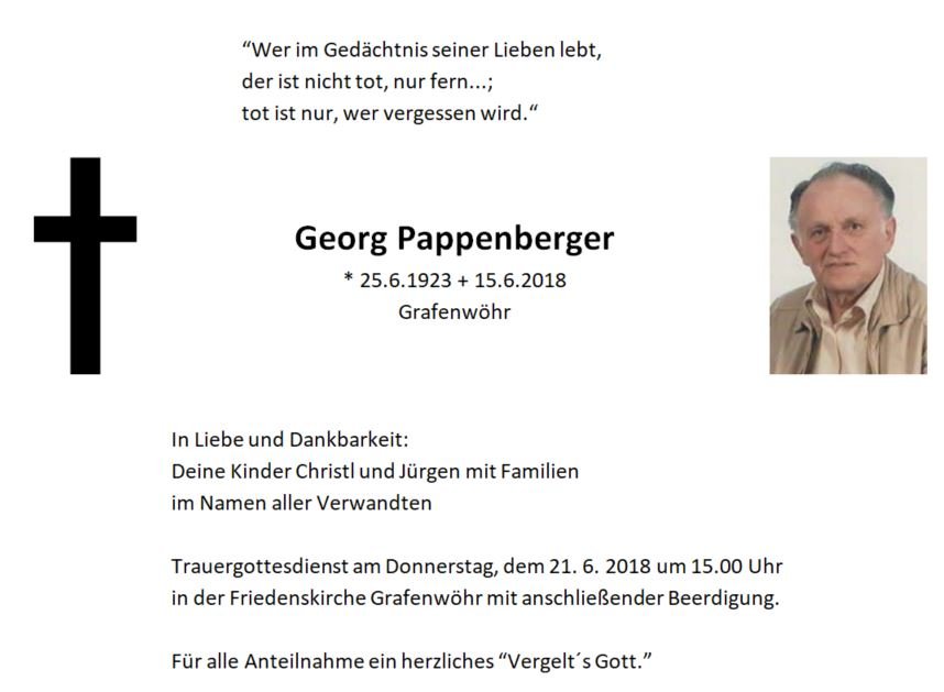 Traueranzeige Georg Pappenberger, Grafenwöhr