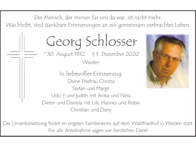 Traueranzeige Georg Schlosser, Weiden