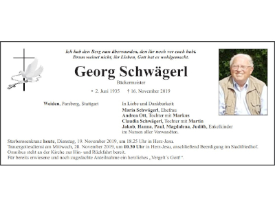 Traueranzeige Georg Schwägerl, Weiden
