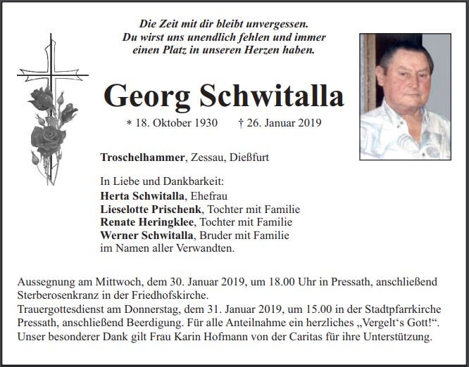 Traueranzeige Georg Schwitalla, Troschelhammer