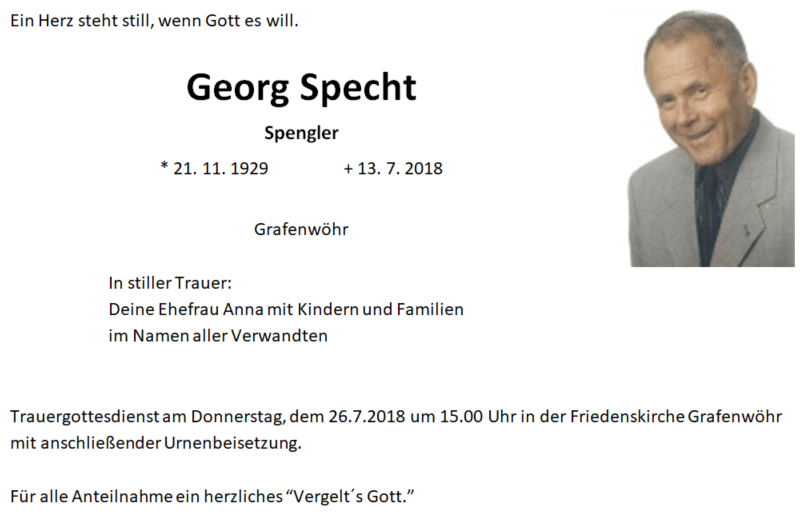 Traueranzeige Georg Specht, Grafenwöhr