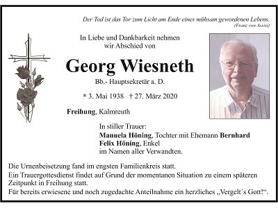 Traueranzeige Georg Wiesneth, Freihung