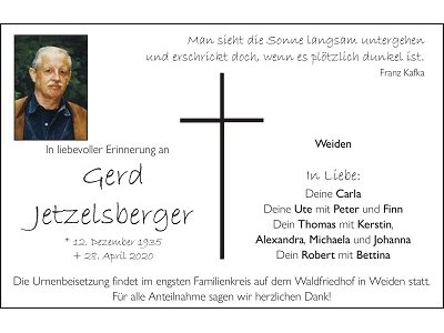Traueranzeige Gerd Jetzelsberger, Weiden