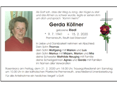 Traueranzeige Gerda Köllner, Premenreuth