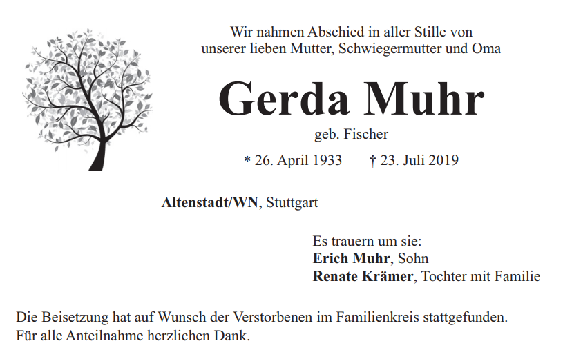 Traueranzeige Gerda Muhr, Altenstadt/WN