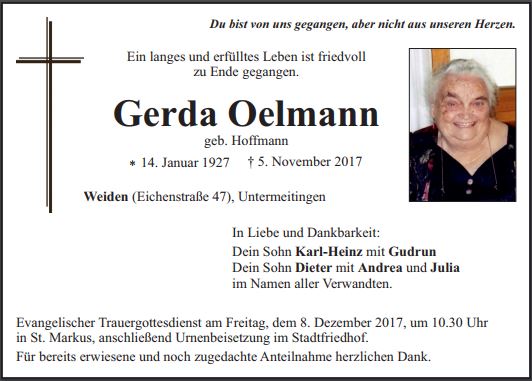 Traueranzeige Gerda Oelmann, Weiden