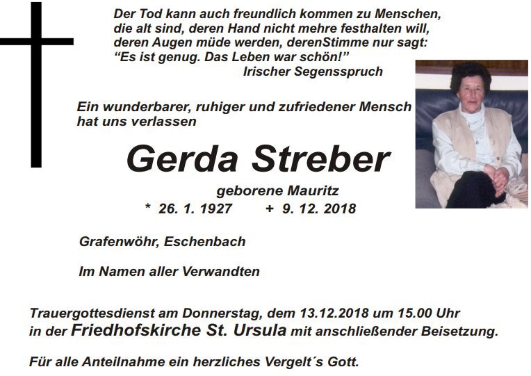 Traueranzeige Gerda Streber, Grafenwöhr