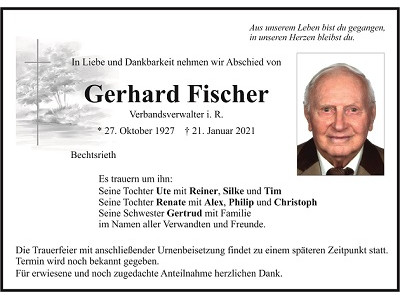 Traueranzeige Gerhard Fischer, Bechtsrieth