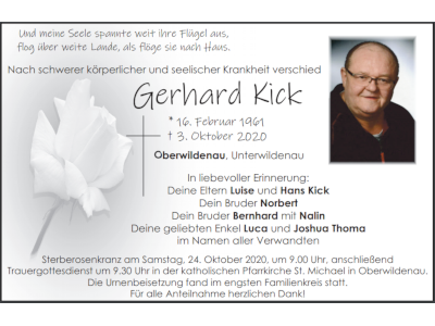 Traueranzeige Gerhard Kick, Oberwildenau