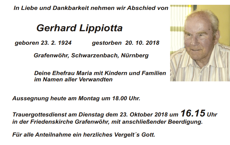 Traueranzeige Gerhard Lippiotta, Grafenwöhr