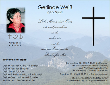 Traueranzeige Gerlinde Weiß, Luhe