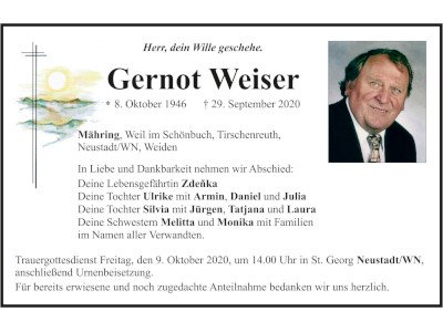 Traueranzeige Gernot Weiser, Mähring